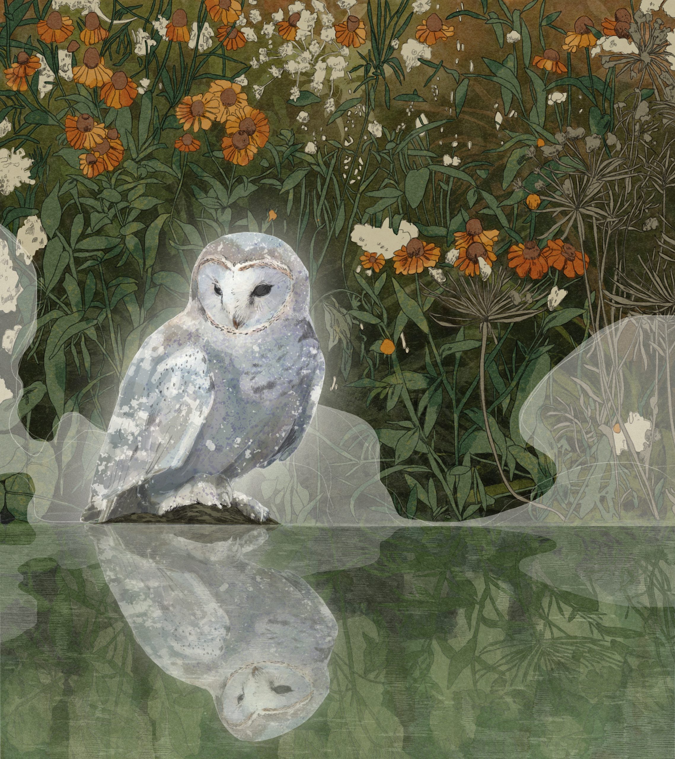 Beitragsillustration Co-Autorenschaft und Ghostwriting für den Lektoratsdienst Noctua Lektorat: Eine Geistereule sitzt am Wasser und schaut in ihre Spiegelung