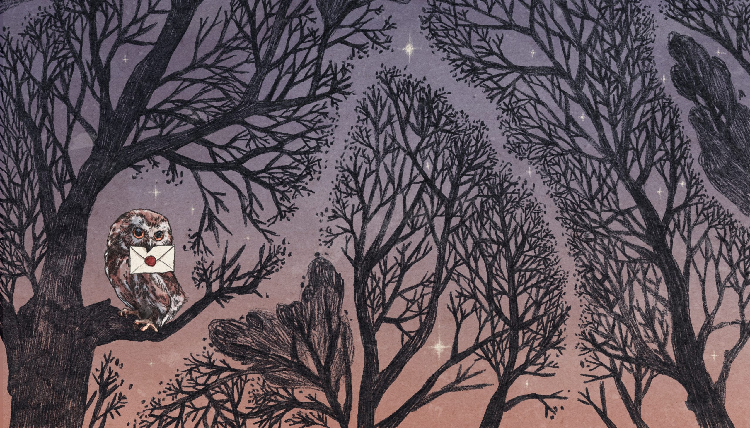 Beitragsillustration für den Lektoratsdienst Noctua Lektorat: Eine kleine Posteule hockt auf einem Ast und hat einen Brief im Schnabel