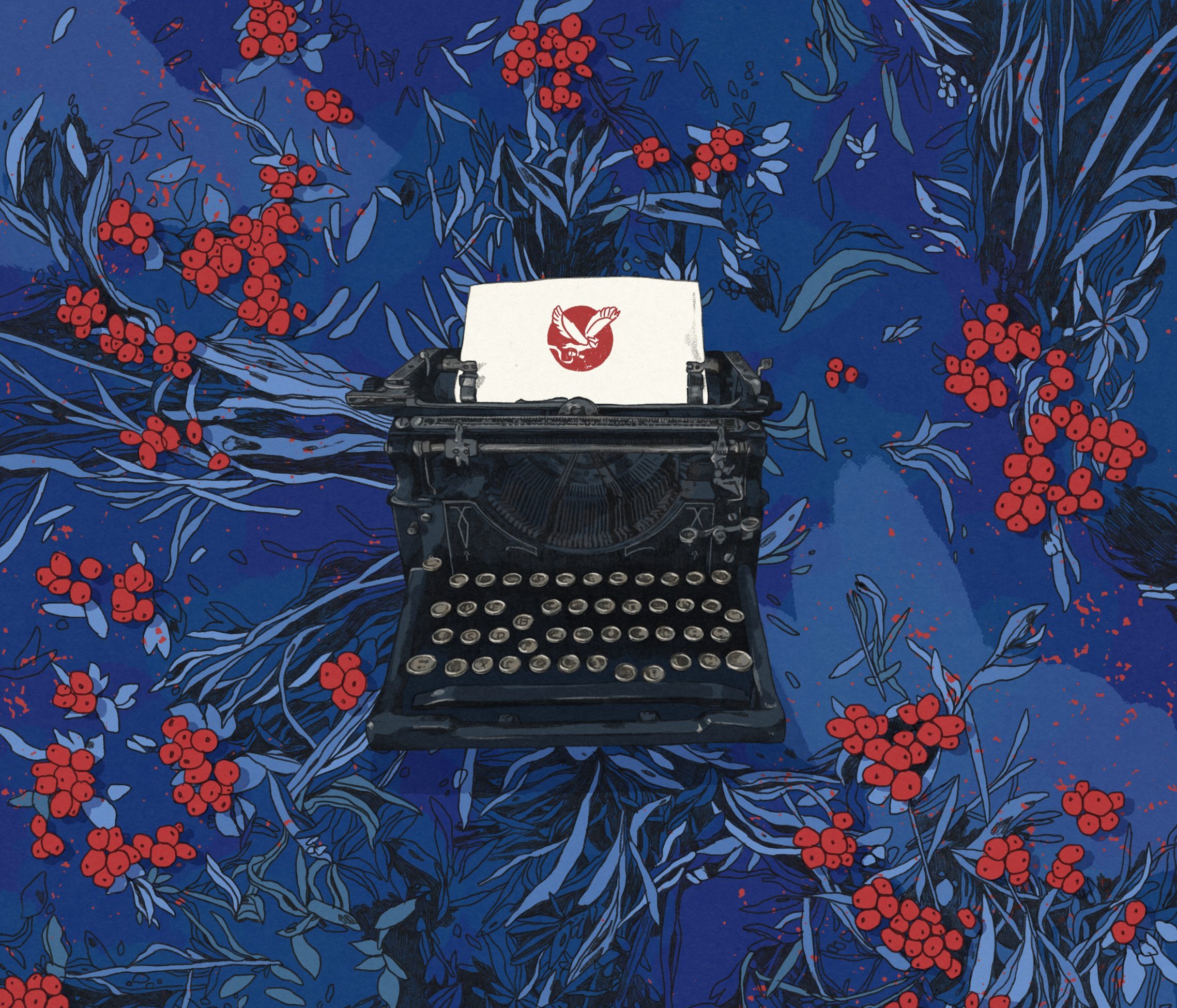 Eine Schreibmaschine vor illustriertem Hintergrund für den Lektoratsdienst Noctua Lektorat